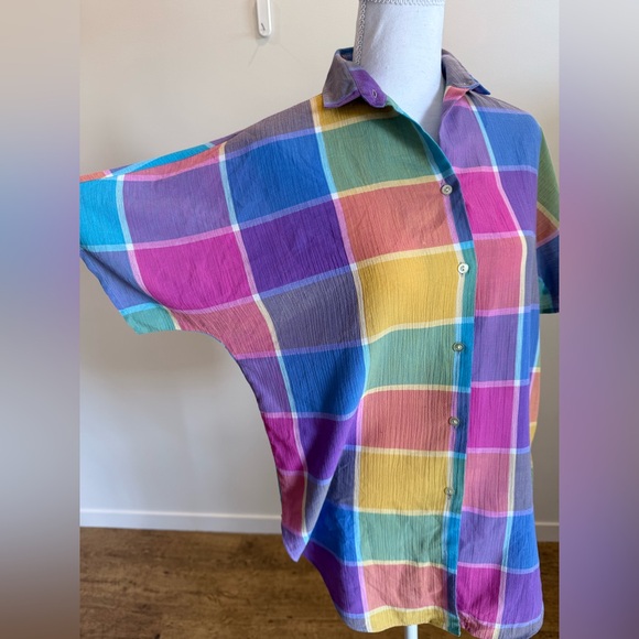 Vintage Colorblock Plaid Button-Up Shirt Size 10 Cottagecore Coastal Grandma - Picture 3 of 7